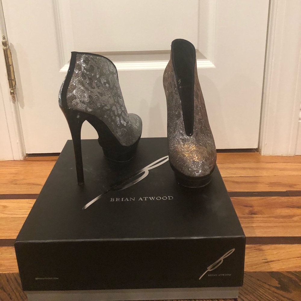 Brian Atwood Gold Silver Leopard Print Bootie